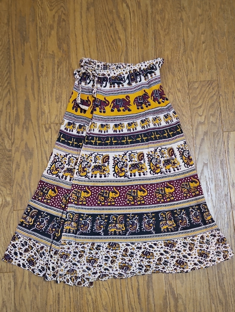 Vintage Boho Elephant Block Print Cotton Wrap Around Maxi Skirt